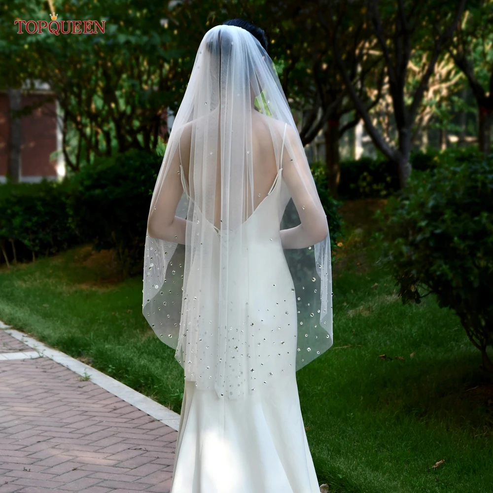 Фата свадебная TOPQUEEN V148, фата с кристаллами, блестящая, длина вальса, 1 уровень, аксессуары для свадебного платья