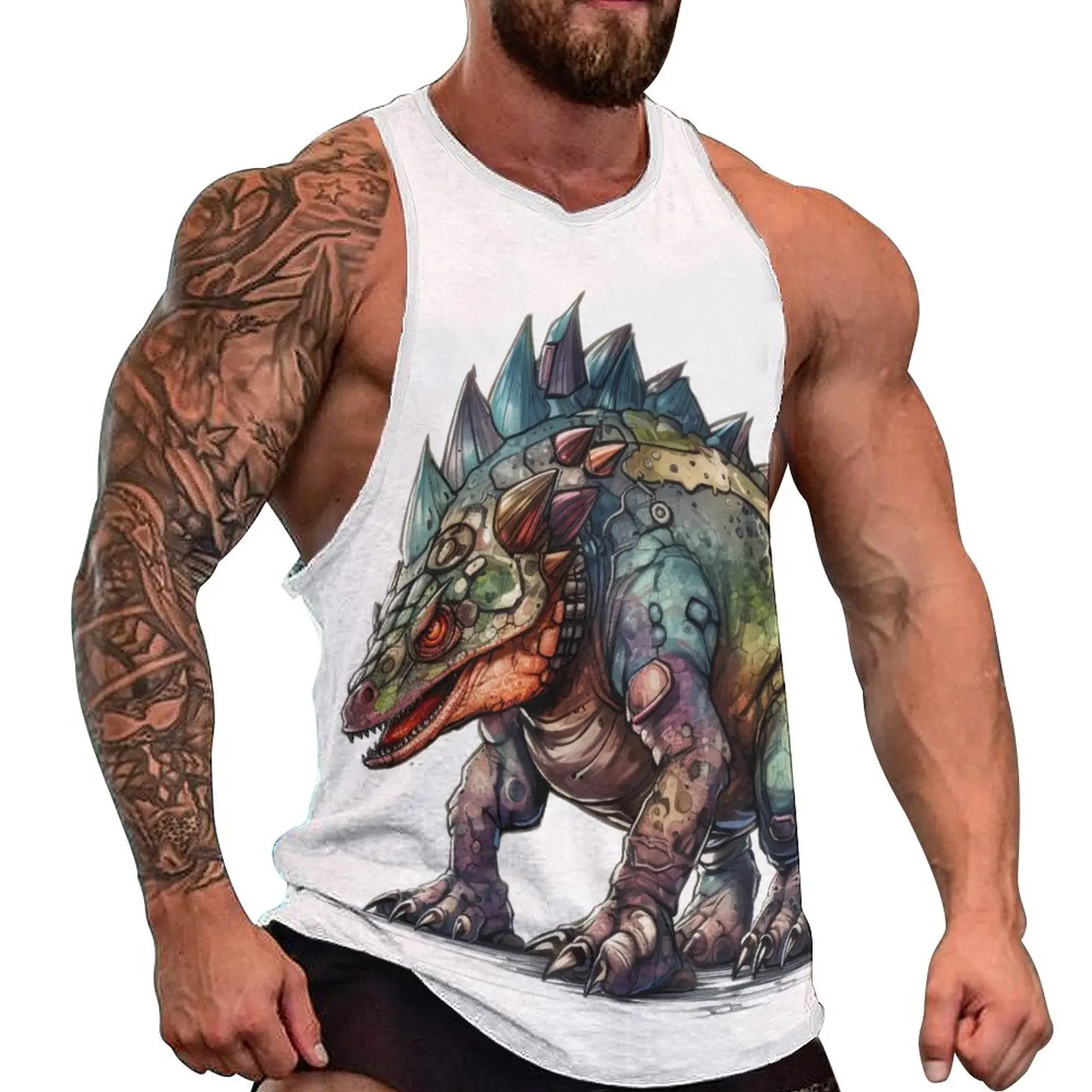 

Dinosaur Tank Top Man's Cartoon Drawing Style Tops Summer Printed Gym Trendy Oversized Sleeveless Shirts