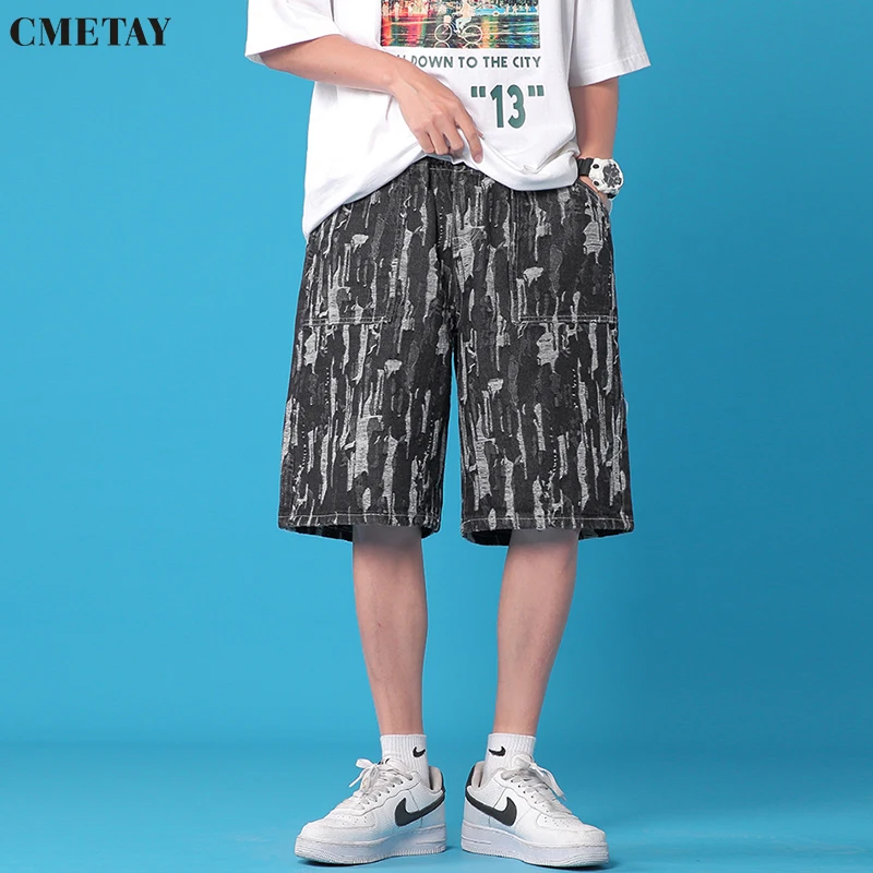 

Джинсы CMETAY мужские короткие брюки Лето 2022 модная уличная одежда свободные джинсовые брюки с широкими штанинами мужские потертые пятиконеч...