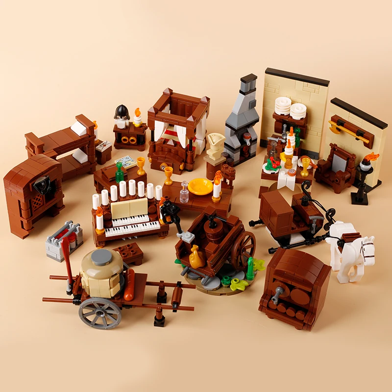 MOC Medieval Furniture Pharmacist Wine Barrel Bar Scrolls Cabinet Building Blocks Piano Bookshelf Paper Map bedrooms Bricks Toys