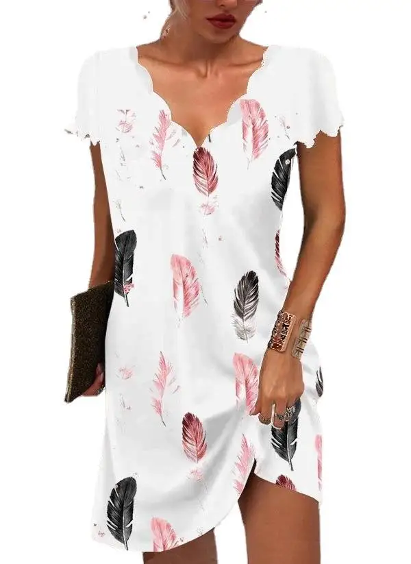 

2022 Spring Summer New Feather Print Wavy V Neck Ladies Dress Casual Short Sleeve Mini Dress