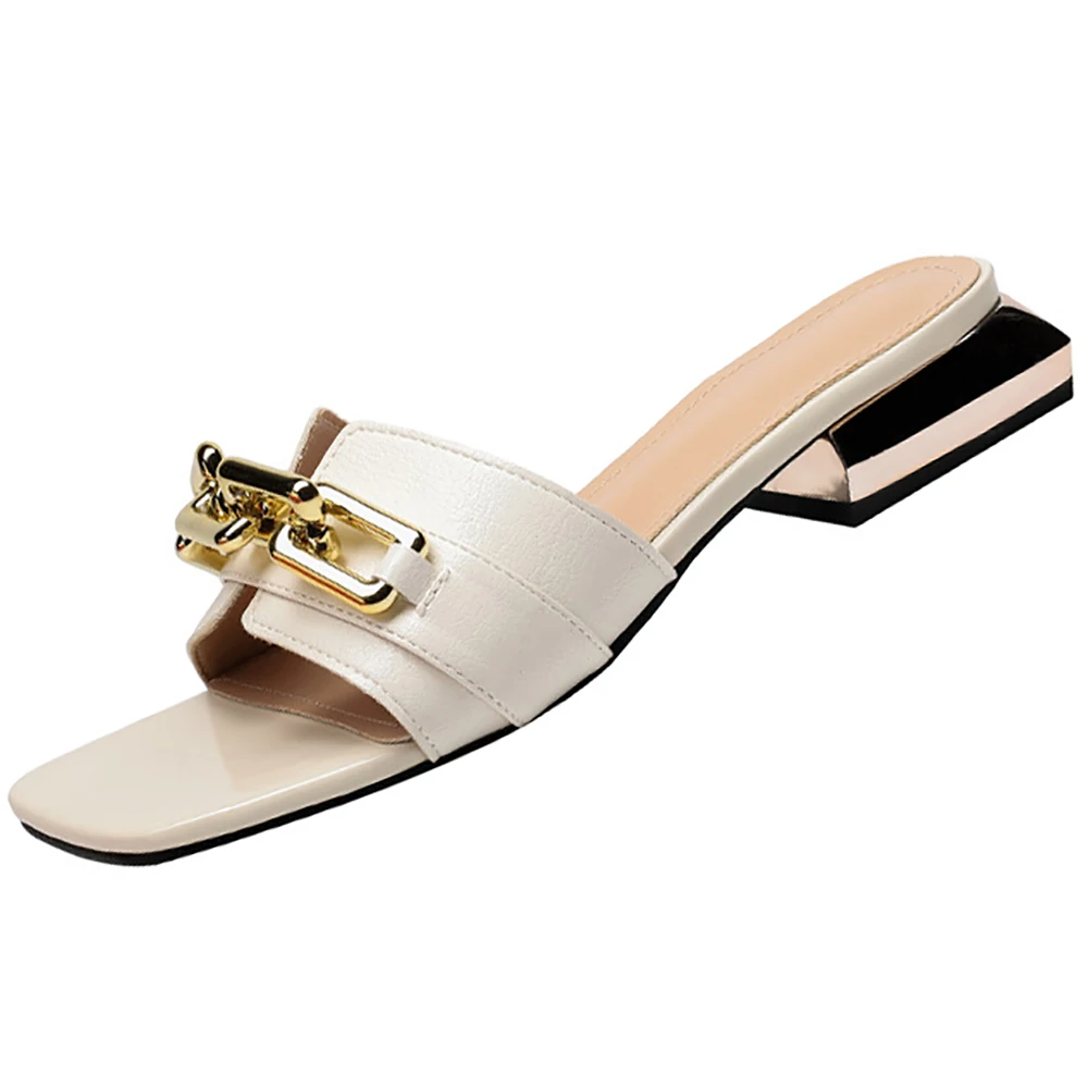 

Women's Slippers Summer Sexy Retro Beach Shoes Square Heel Metal Decoration Fashion Comfortable Sandals Square Toe Slip-on Shoes