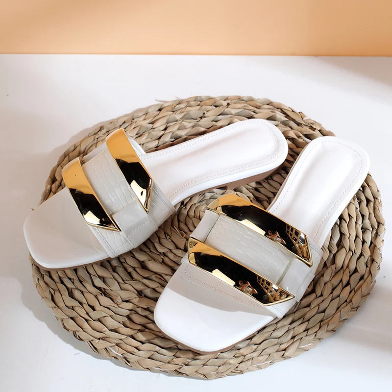 

Slippers Women Flip Flop Summer Shoe New 2022 Casual Metal Decoration Flip Flops Slides Outside Square Toe Female Shoes