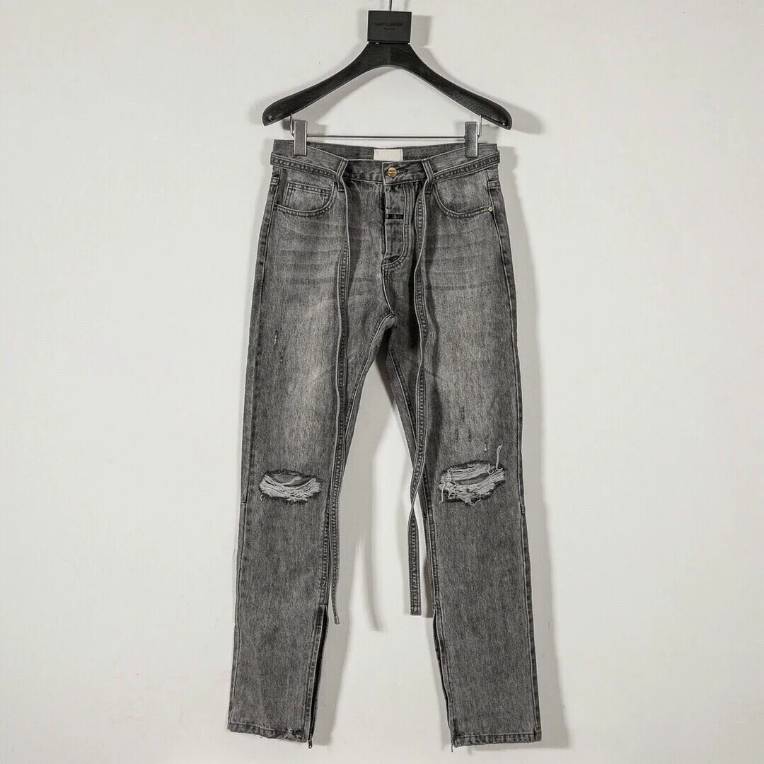 

Justin Bieber new top Distressed Slim Belted Jeans Blue Men's jeans with ribbon Men Ankle zips Knee Holes Biker Streetwear PANTS
