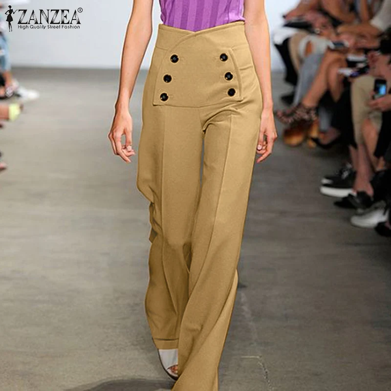 

Брюки Женские однотонные с завышенной талией, длинные брюки-Палаццо ZANZEA на молнии, повседневные Прямые макси брюки большого размера с широк...