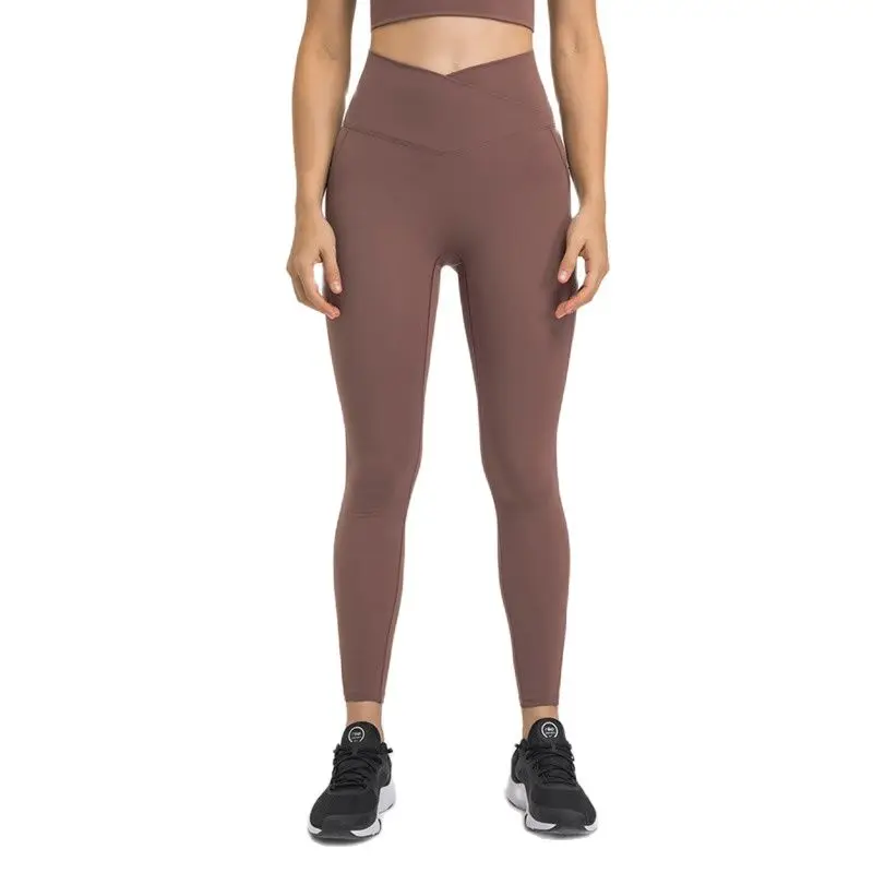 MYS Yoga Pants with 2 Side Pocket High Waist Cross Sports Leggings GYM Elastic Naked Feel NO Front Seam Workout Fitness Tights