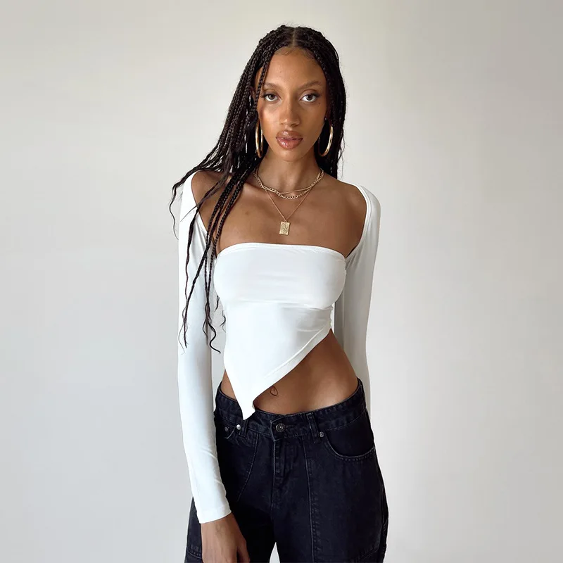 European And American Style Women's Summer New Clean Color Long Sleeved Shawl One Shoulder Wrap Chest Hot Girl Top