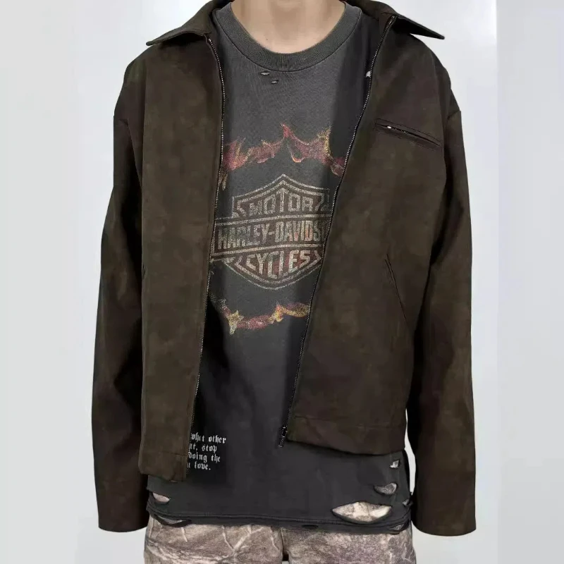 Винтажная потертая кожаная куртка в стиле High Street повседневные куртки пальто на