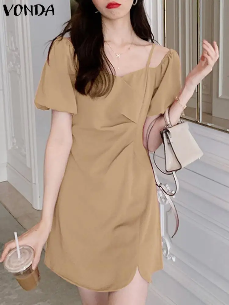 

VONDA Summer Mini Dress 2023 Women Square Collar Solid Color Elegant Cold Shoulder Sexy Sundress Casual Short Sleeve Robe Femme