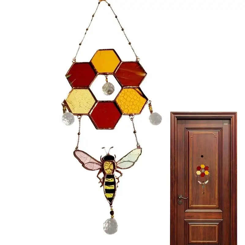 

Acrylic Bee Honeycomb Ornament Hand Double Side Hand Painting Dripping Oil Panel Stained Window Hangings Birthday Gifts For