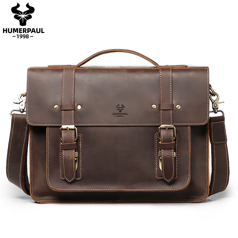 Men Briefcase Business Handbag Messenger Bags Crazy Horse Leather Male Vintage Shoulder Bag Men's Large Laptop Travel Bags 2021