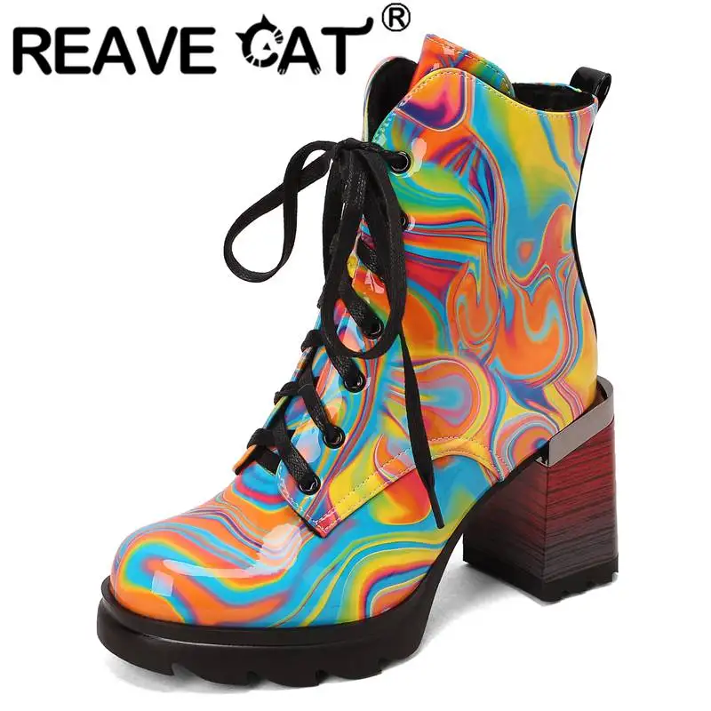 

REAVE CAT Brand Lady Boots Round Toe Block Heels 9cm Lace Up Heart Mixed Color Platform 2.5cm Plus Size 44 Fashion Woman Booties