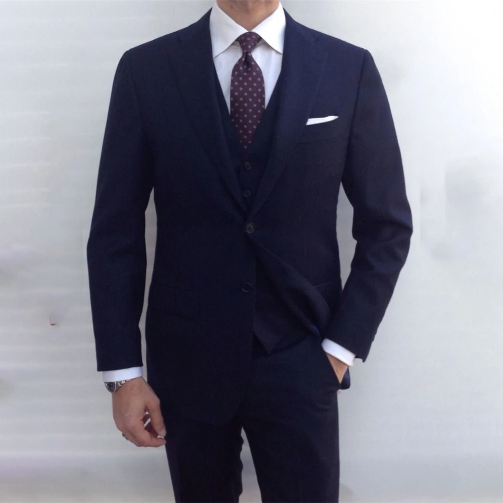 

Мужские костюмы темно-синего цвета, приталенный деловой Блейзер, смокинг для жениха на свадьбу, банкет, 3 предмета, пиджак, жилет, брюки, комплект Terno Masculino