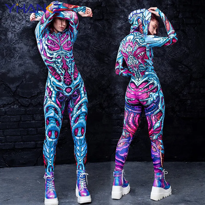 

Женский яркий комбинезон с принтом в виде человеческого тела и скелета, яркий костюм для косплея с зомби, рождественский подарок, костюм