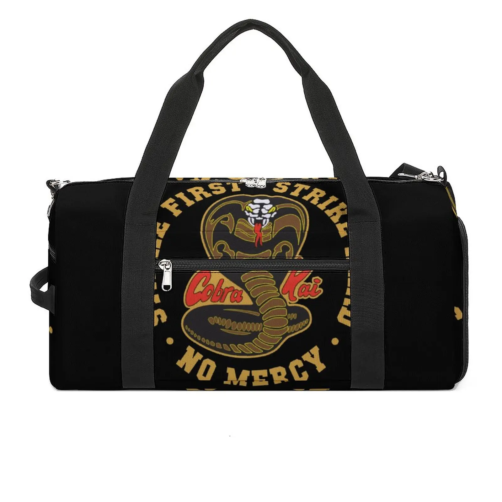 

Gym Bag Karate Kid Mens Sports Bag with Shoes Cobra Kai Strike First Strike Hard No Mercy HD Logo Portable Custom Handbag