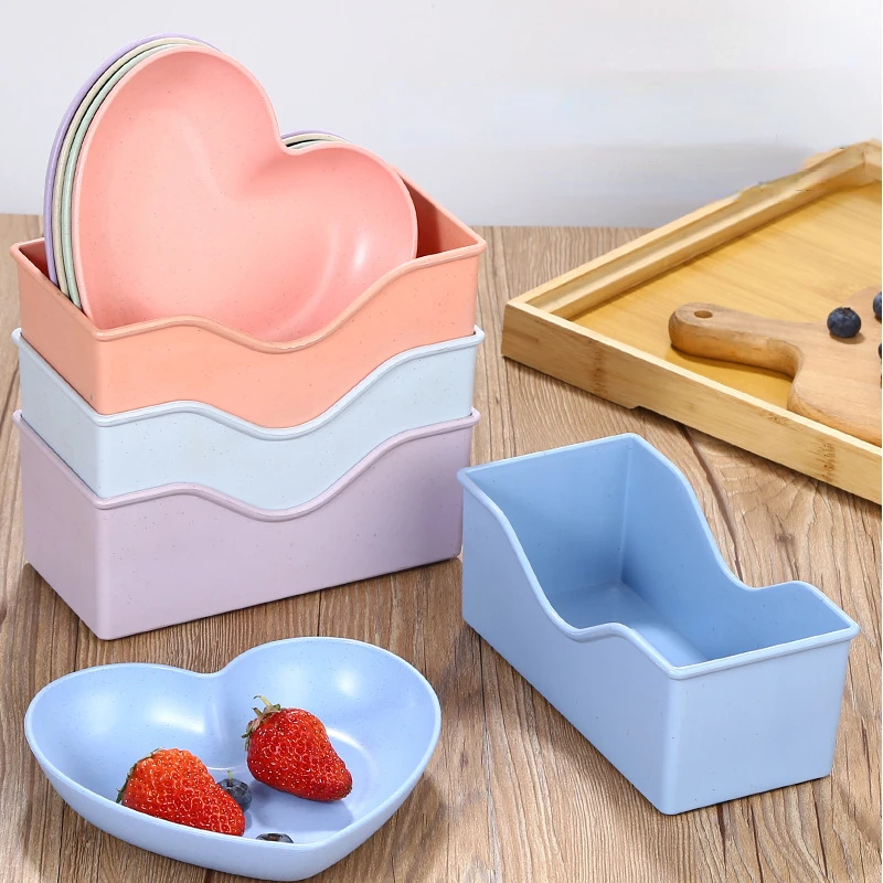 

5PCS Macaron Love Heart Dish Household Food Grade Plastic Spit Bone Garbage Dish Round Square Set Dining Table Snack Plate
