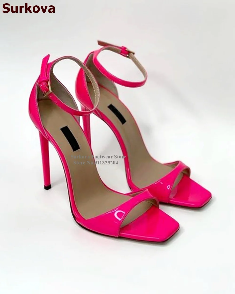 Surkova Pink Patent Leather Square Toe High Heel Sandals Buckle Strap Stilettos Concise Dress Pumps Nude Leopard Mirrow Leather