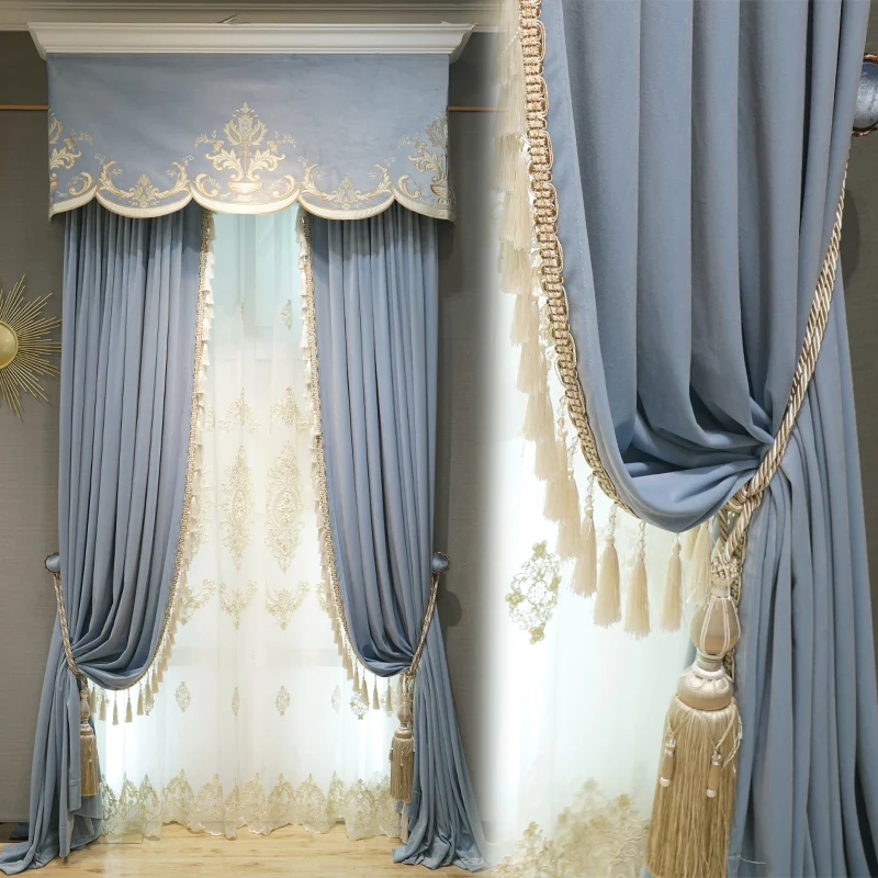 

European Modern Curtains for Living Room Luxury Blue Velvet Spliced Tassel Curtain Bedroom Flat Valance Embroidered Tulle Custom