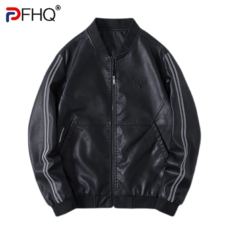 

PFHQ 2023 Autumn Winter New Casual Leather Coat Men's Slim Fit Fashion Version Handsome Trendy Baseball Collar Jackets 21Q2560