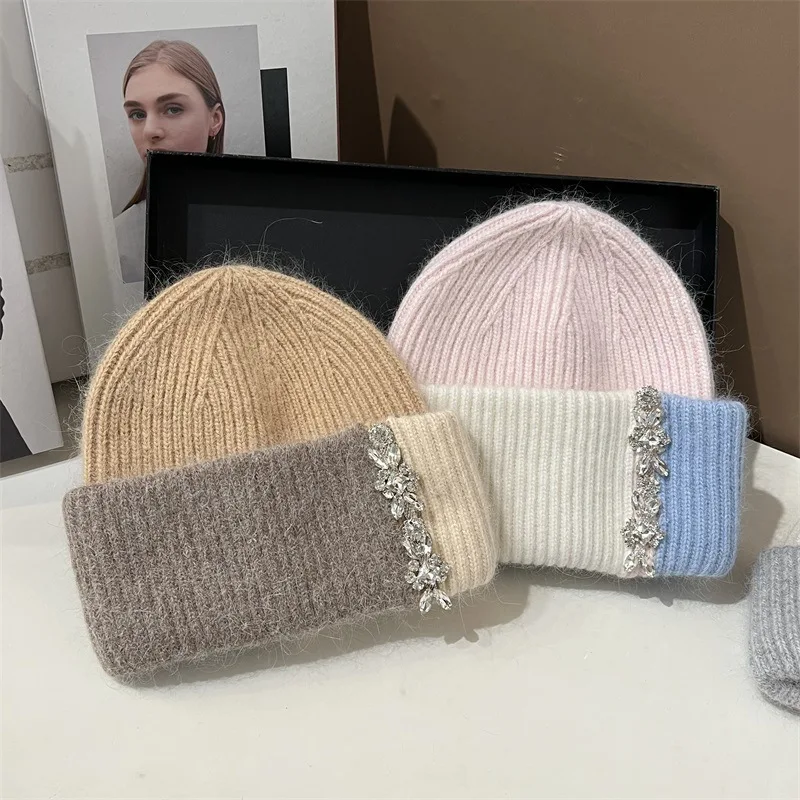 

Color Matching Luxury Diamonds Women Knitted Hats Fluffy Angora Rabbit Fur Warm Skullies Beanies Lady Warm Knit Bonnet Wool Cap