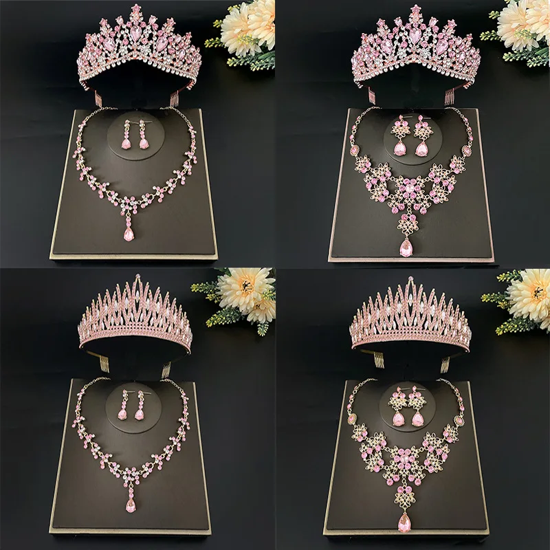 

Baroque Vintage Gold Pink Crystal Bridal Jewelry Sets Women Girls Rhinestone Tiara Crown Pageant Diadem Earrings Choker Necklace