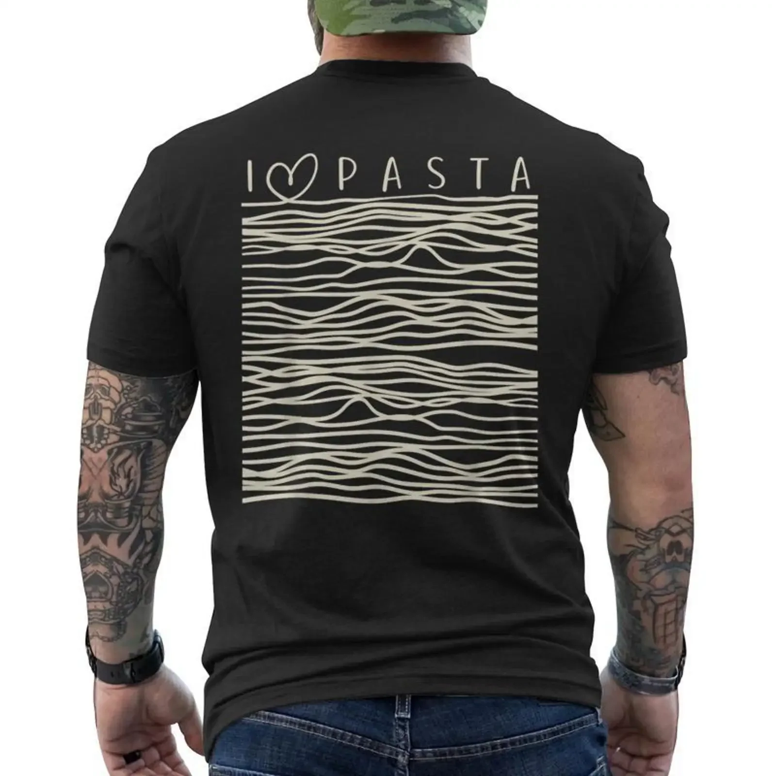 Фото Футболка с принтом на спине «Pasta Italienische Küche J'aime Les Pâtes», винтажная, в стиле стритвир, мужская, слегка мягкая, Giftys. №1