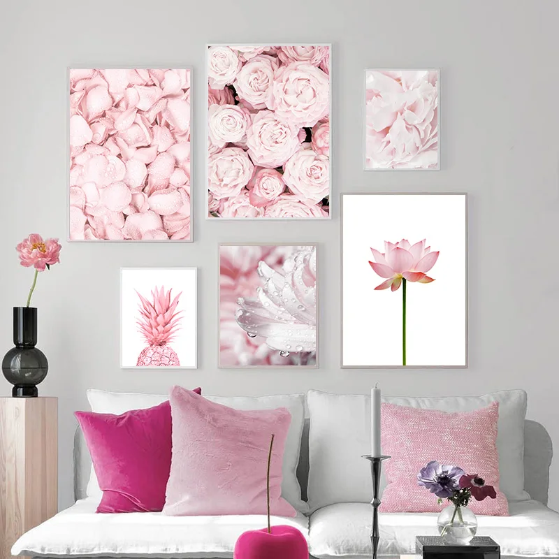 

Pink Pineapple Rose Lotus Flower Wall Posters Nordic Botanical Floral Print Canvas Painting Art Pictures For Living Room Decor