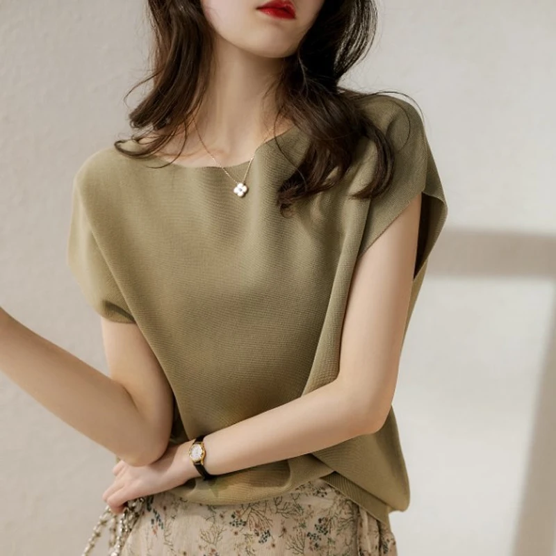 

Korean Style Loose Clothing Casual Solid Thin T-shirt Fashion Bat Sleeve Blouse Summer Elegant Knitted Tops Women Blusas 26786