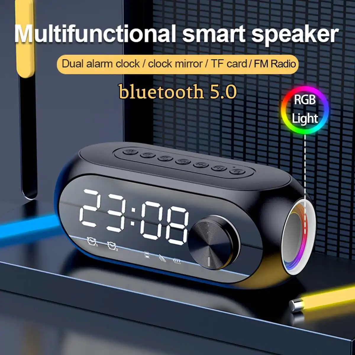 

Портативный беспроводной bluetooth-Динамик S357 с цветными RGB-подсветками, зеркальный цифровой будильник, музыкальный сабвуфер, радио, поддержка ...