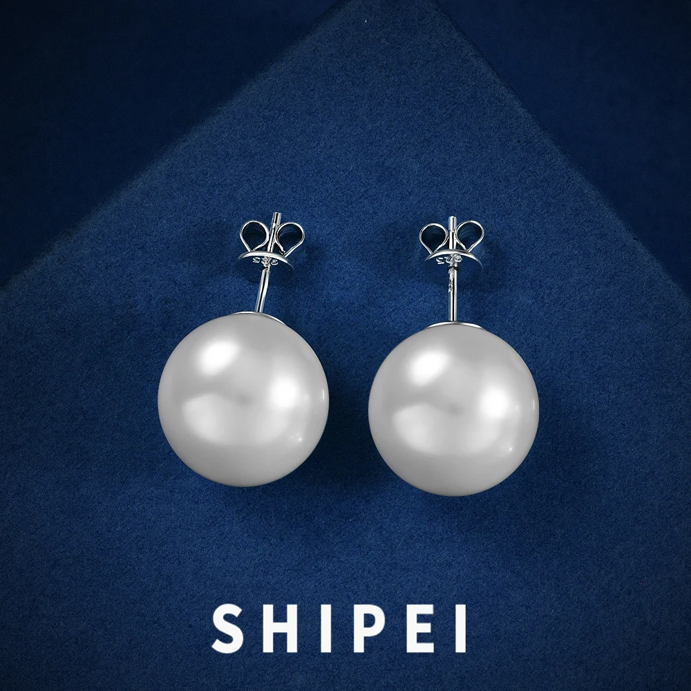 

SHIPEI Classic 925 Sterling Silver Round 14 MM Simulated Pearl Ear Studs Earrings Wedding Engagement Fine Jewelry Drop Shipping