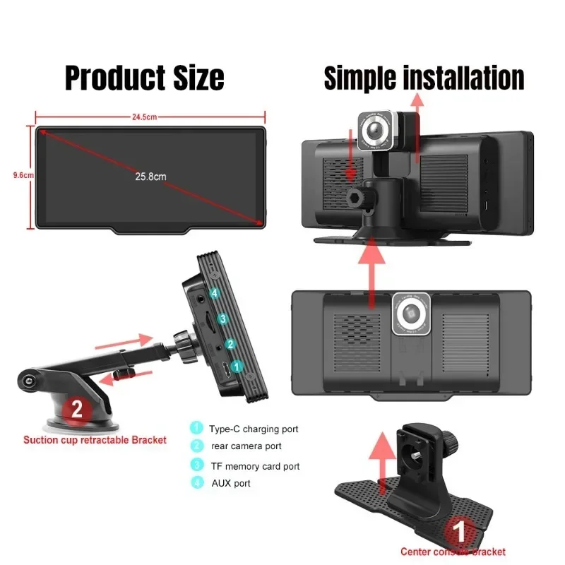 Автомобильная GPS-навигация Bayerley 10 26 дюйма Carplay + 4K передняя и задняя Bluetooth