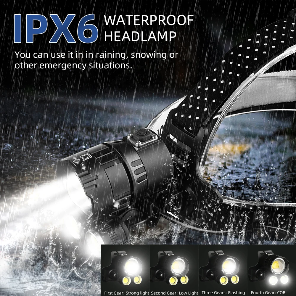 

New Powerful XHP160-16 Core 2 COB+LED Headlamp Outdoor Waterproof Zoomable Headlight USB Rechargeable Head Flashlight Head Torch