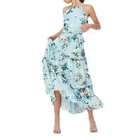blue fresh beach dress 2022 summer autumn new fashion sleeveless hanging neck ruffle flower dress female
