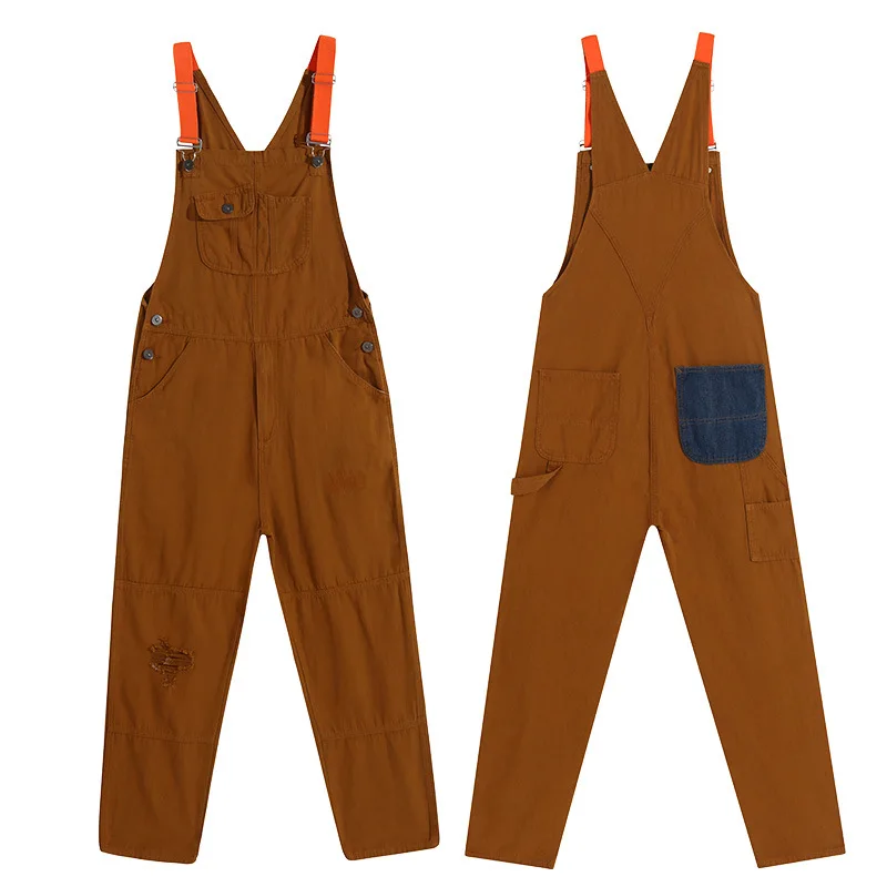 Mens Jeans Brown Strappy Denim Trousers Suspenders Elasticityless Jumpsuit Cargo Jeans Streetwear Pants for Men and Women 5XL