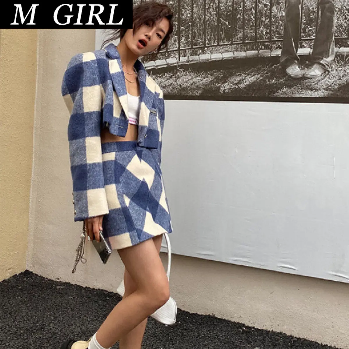 

M GIRLS Fall Winter Plaid Vintage Tweed Two Piece Set Korea Single-Breasted Woolen Short Jacket Coat + Mini Skirt 2 Piece Set