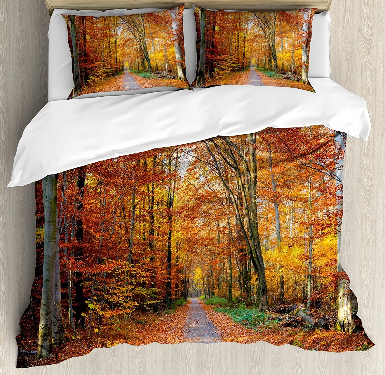 

Fall Decor Bedding Set For Bedroom Bed Home Pathway Covered with Fallen Leaves Through Fa Duvet Cover Quilt Cover And Pillowcase
