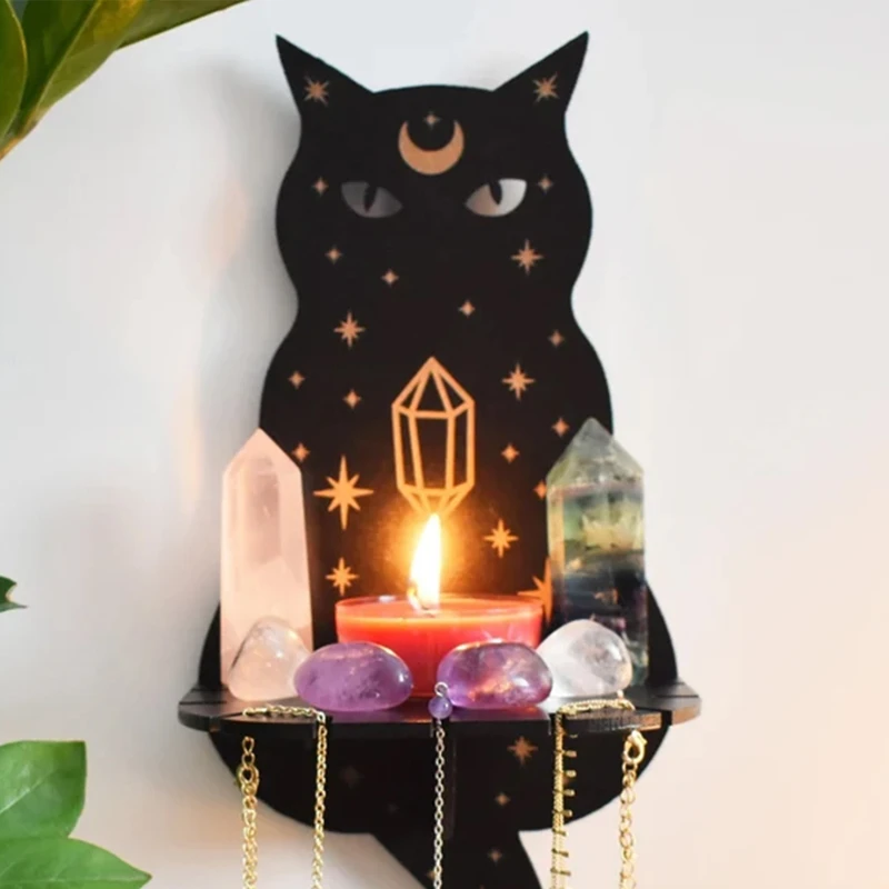 

Cat Wall Crystal Shelf Cute Wooden Wall Shelf Crystal Display Organizer Floating Shelves for Living Room Bathroom Decor Gift