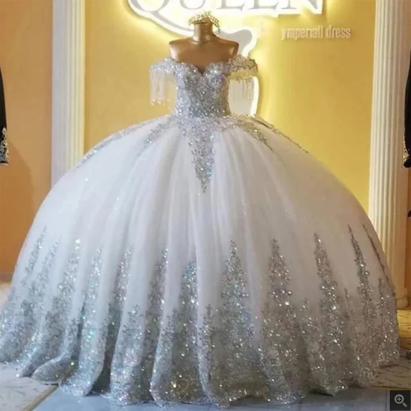 

Shiny Silver Sequin Applique Prom Dress Quinceanera Dress Off Shoulder Fringe Sweet 15 16 Year Old Party Dress