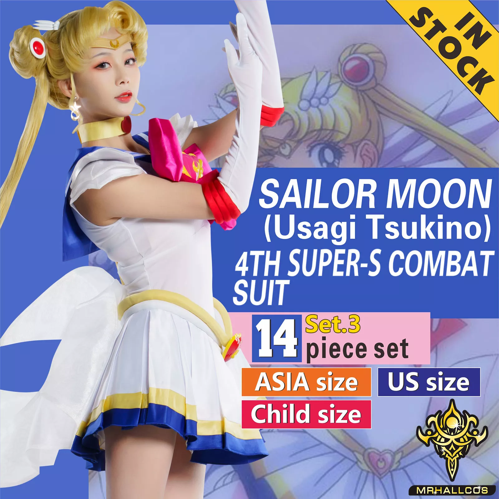 MRHALLCOS Anime Cosplay Sailor Moon Usagi Tsukino SuperS Crystal Dress Outfits Costume Halloween Party Kid Adult Women Plus Size