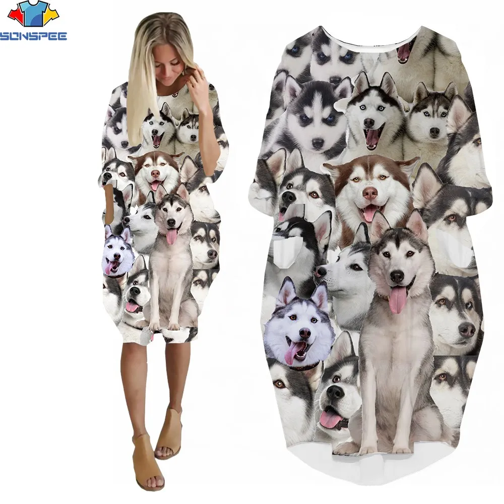 

Женское летнее платье с 3D-принтом головы хаски и собаки