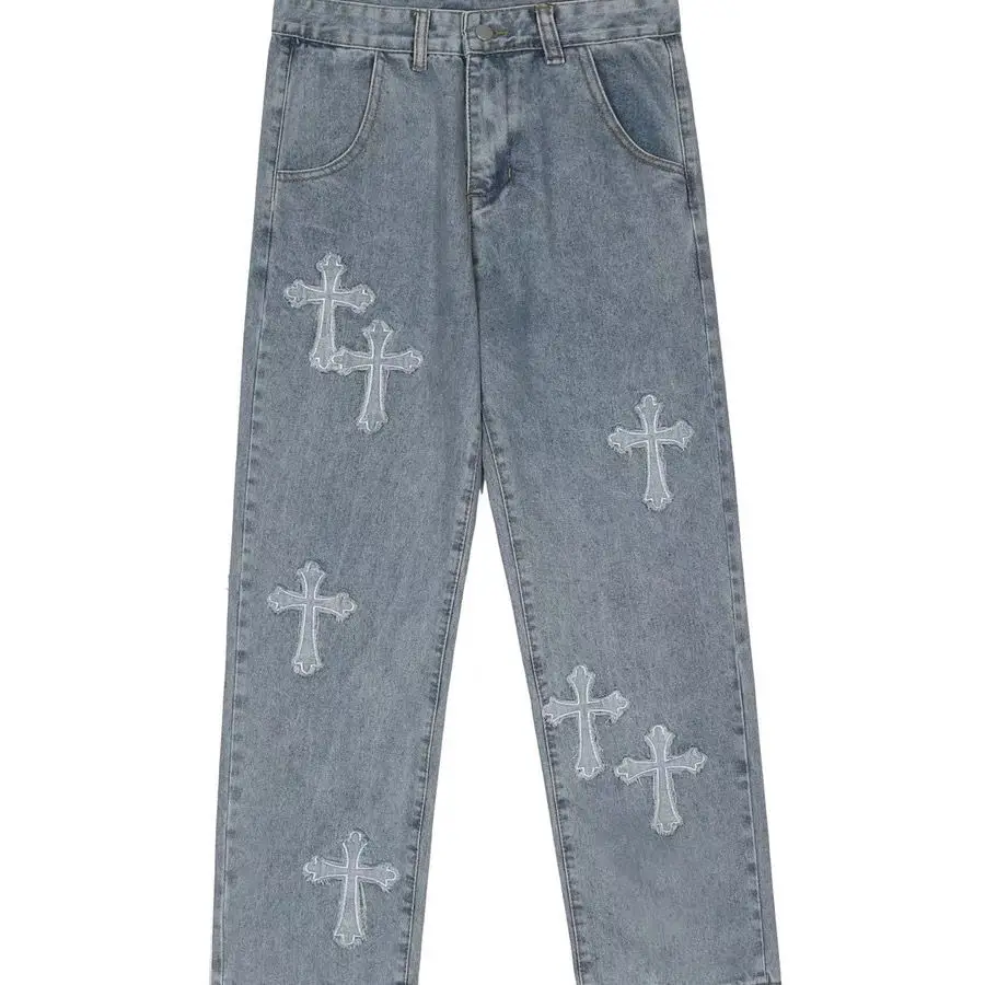 Y2K Men's jeans European and American high street cross embroidery hip-hop tide brand straight loose wide-leg pants ins hot sale