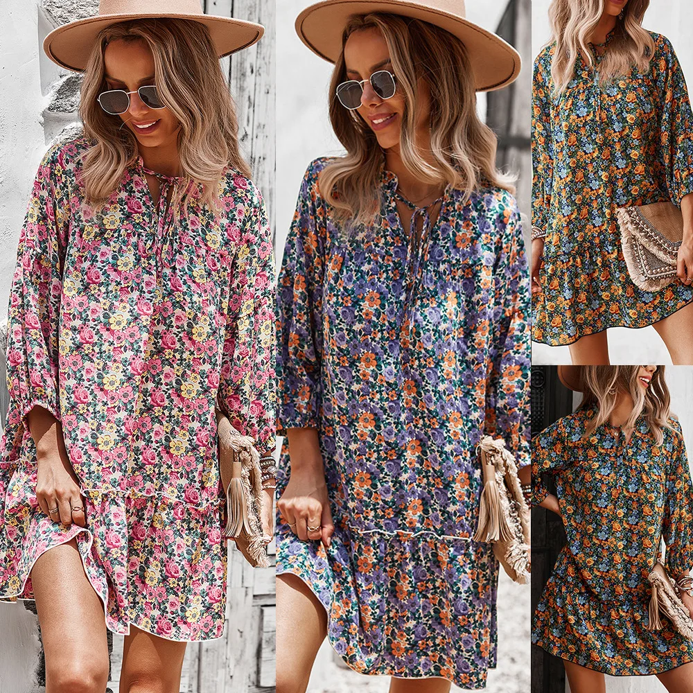 

Women's Dresses Summer Floral Ankle-Length Loose Waist Design Wrist-Length Sleeve
