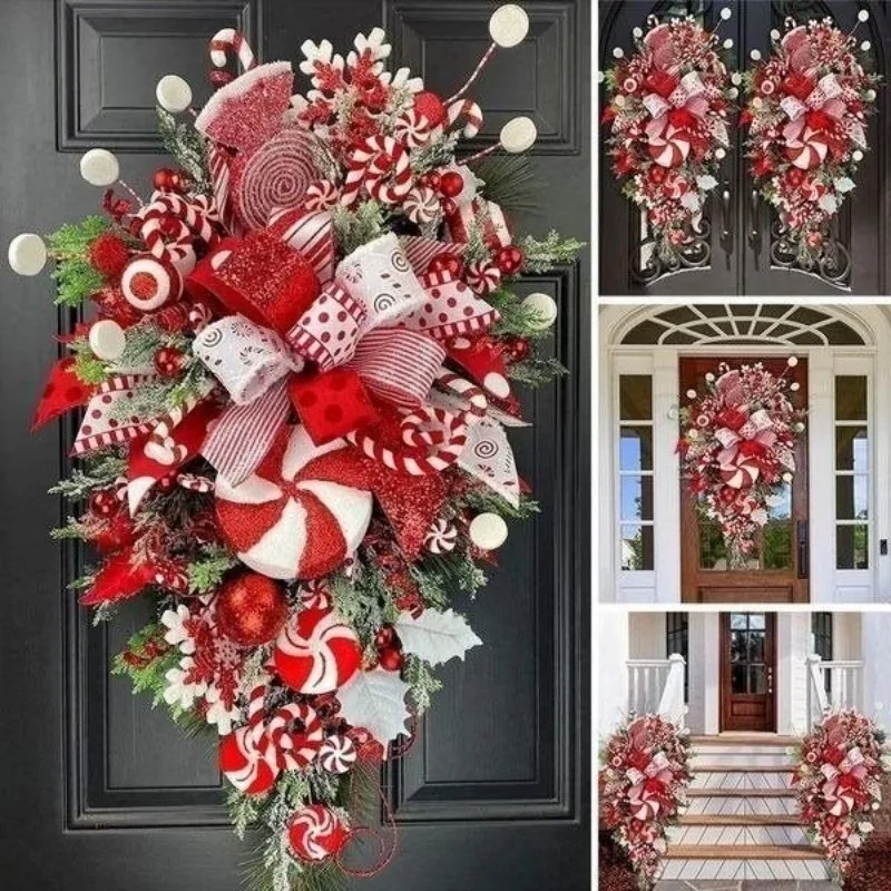 

50cm Upside Down Tree Christmas Wreath Candy Cane Artificial Wreath Window Door Hanging Garland Rattan Home Xmas Wall Decoration