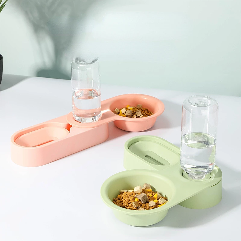 

Pet Water and Food Bowl Set Double Dog Cat Bowls With Detachable Stainless Steel Bowl Automatic Water Dispenser Bottle Feeder
