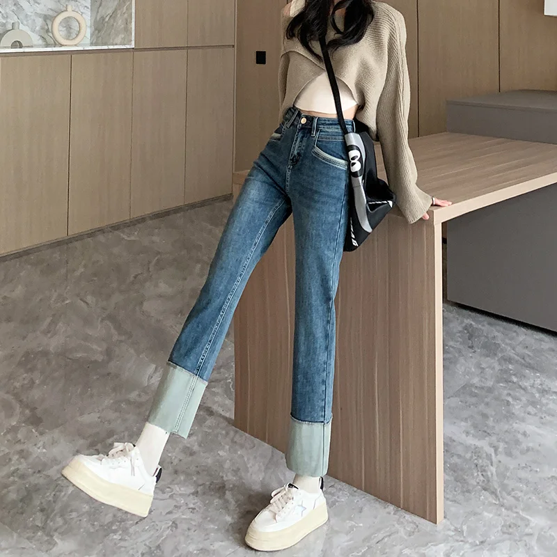 2023 Black Rolled-up Straight Jeans Women's High Waist Spring New Style Slim Cropped Pipe Pants Trendy Baggy STRAIGHT Fleece