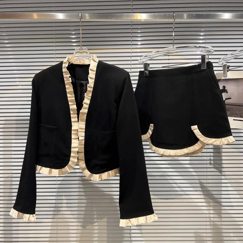 

2022 Autumn New Arrivals Ruched Ruffles Black Coat Jacket Short Irreguplar Skirt Two Piece Set Women Outfits