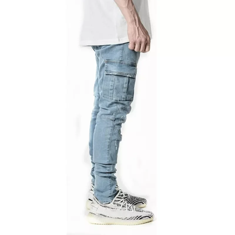 New in Men Pants Casual Cotton Denim Trousers Multi Pocket Cargo Jeans Men New Fashion Denim Pencil Pants Side Pockets Cargo tra