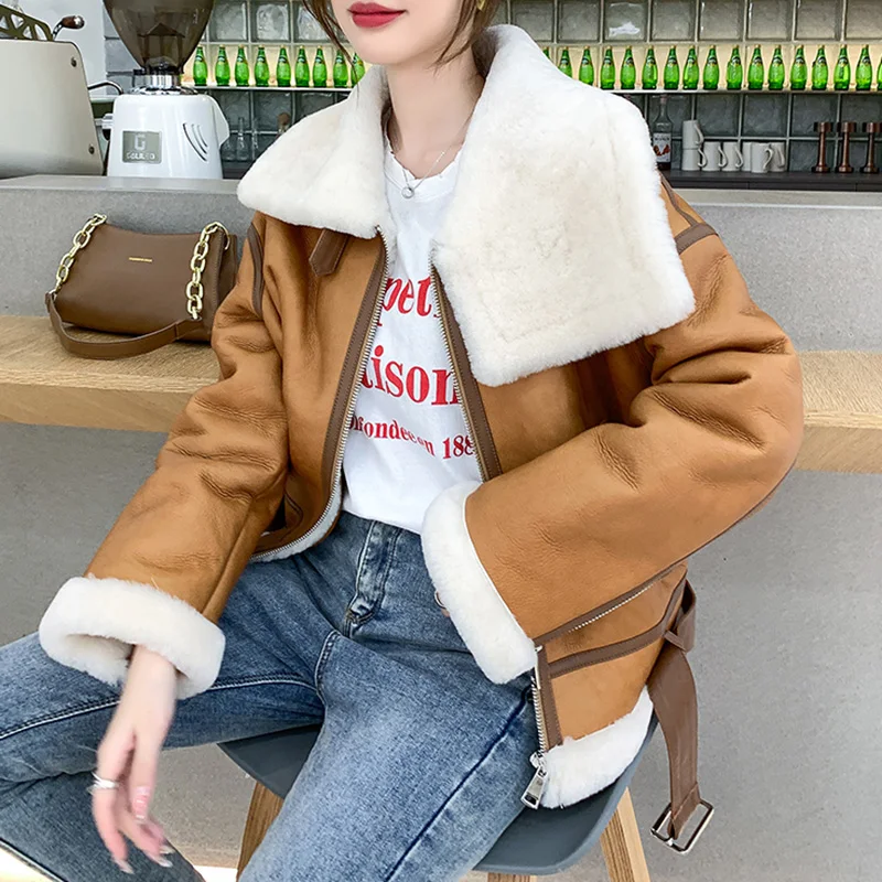 2022 New Women Leather Jackets Winter Short Shearing Coat Wool Fur Lining Motorcycle Real Sheepskin Thick Warm Outerwear ZJN5180