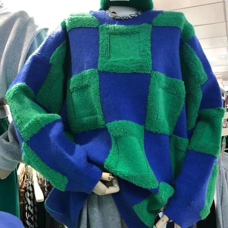 

Nieuwe Plaid Trui Vrouwen Koreaanse Lui Wind Korte Losse Casual Geruite Trui Truien