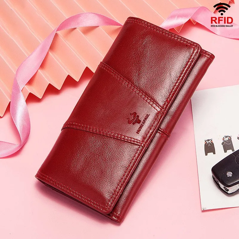 

New Genuine Leather Women's Wallet Retro Phone Change Handbag RFID Anti Theft Brush Long Purse